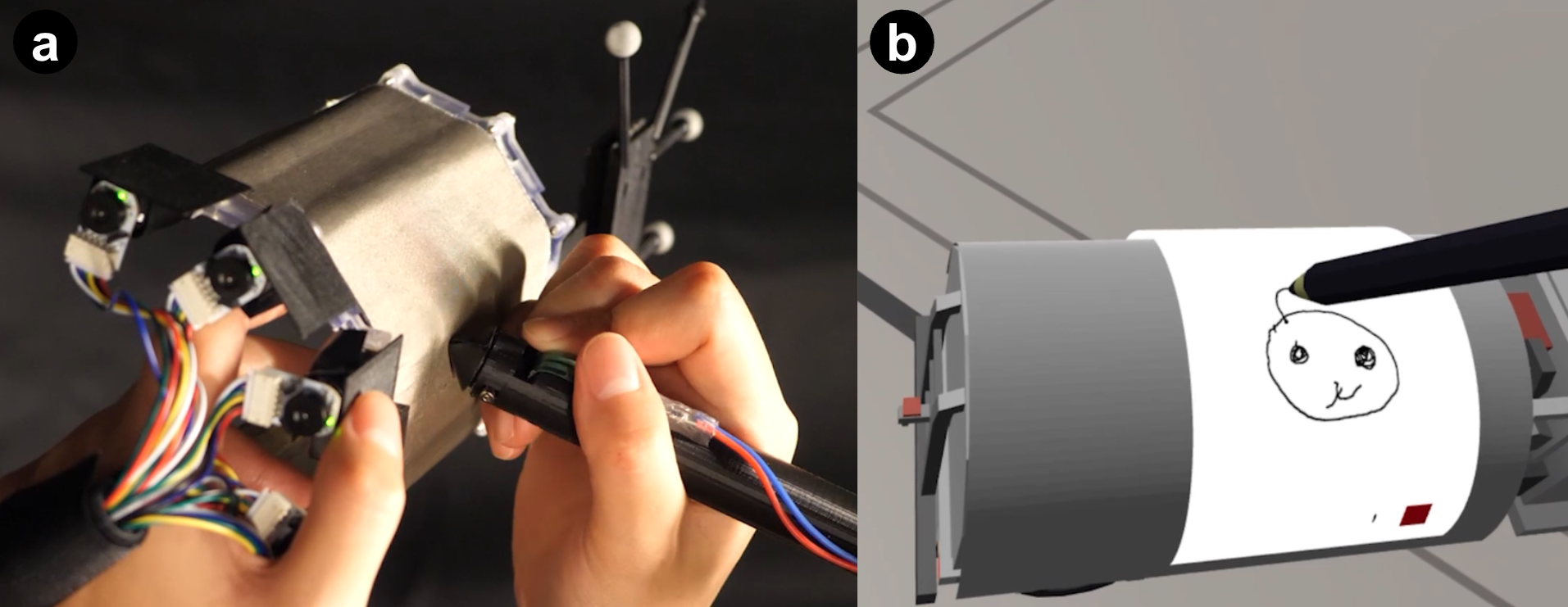The physical drawing surface aligns with a virtual object so pen strokes can be rendered onto it.