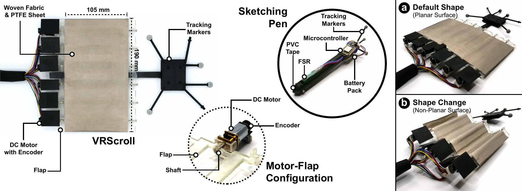 The paper’s VRScroll hardware: a planar configuration and a shape changed to approximate a non-planar surface.
